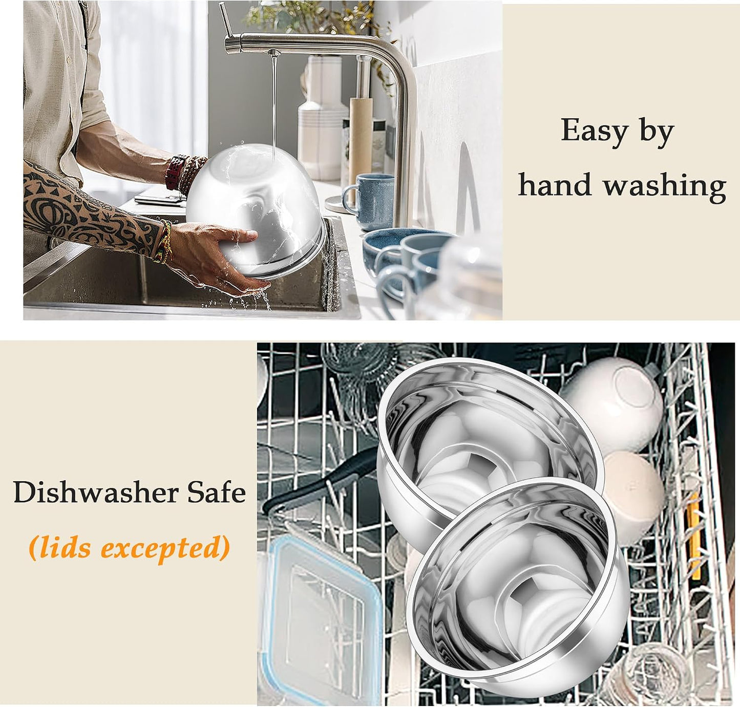 TeamFar Mixing Bowls, Stainless Steel Nesting Salad Bowls with Lids Set of 3 & 3 Grater Attachments, For Mixing/Serving/Storing, Non-toxic & Long-lasting, Size 4.6/3 / 1.5 QT, Black
