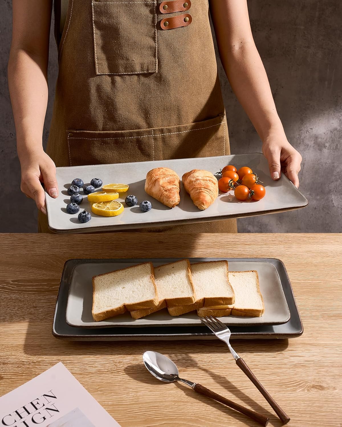 Famiware Serving Platter, Rectangular 15.67/14.1/12.6inch Serving Dishes for Entertaining, Microwave Dishwasher Safe, Stoneware Serving Trays for Party, Turkey, Cheese, Ocean Series, Cappuccino White