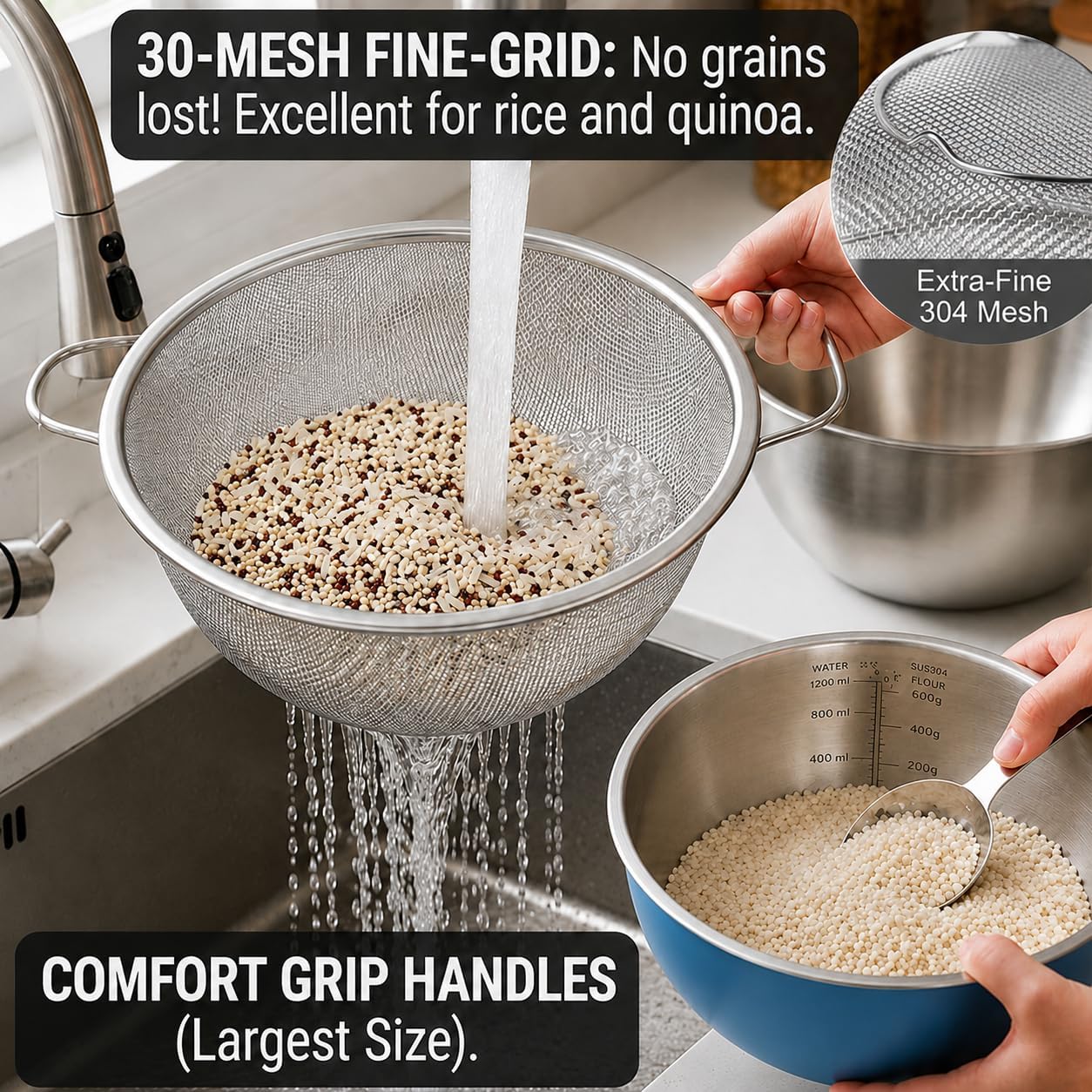 304 Stainless Steel Colander Set, 1.5QT Colander with Bowl, 30-Mesh Micro Perforated Strainer for Rice, Quinoa, Pasta, Fruits & Vegetables,2 pack