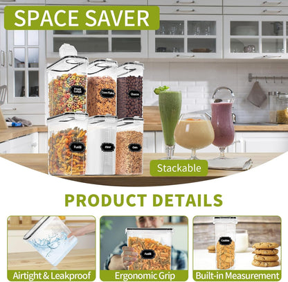 Skroam 8PCS Cereal Containers Storage [4L/135.2 oz], Airtight Food Storage Containers with Pour Spout for Kitchen & Pantry Organization Storage, Plastic Cereal Dispensers, Measuring Cup & 20 Labels