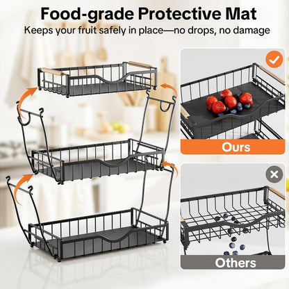 3 Tier Fruit Basket for Kitchen Countertop with 2 Banana Hangers,Detachable Metal Fruit Bowl with Wooden Handles and Protective Pads,Large Capacity Fruit and Vegetable Basket Organizer,Black