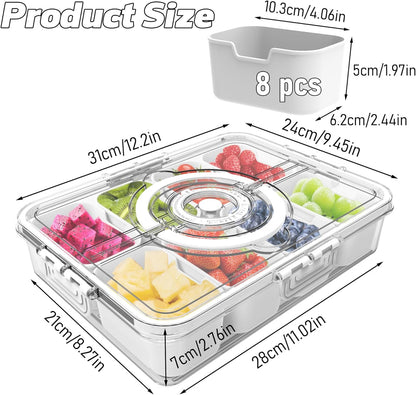 Divided Serving Tray with Lid and Handle,Time Recording 8 Compartments Snackle Box Container - Charcuterie Board for Portable Snack Platters - Clear Organizer for Fruits Snacks,Perfect for Travel