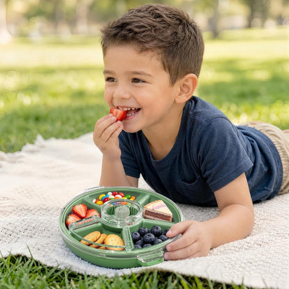 Kids Divided Snack Box with Hand Strap, Reusable 5-Compartment Kids Snack Container, BPA-Free Portable Candy & Nut Serving Platter for Travel, Parties, Picnics(Grey)