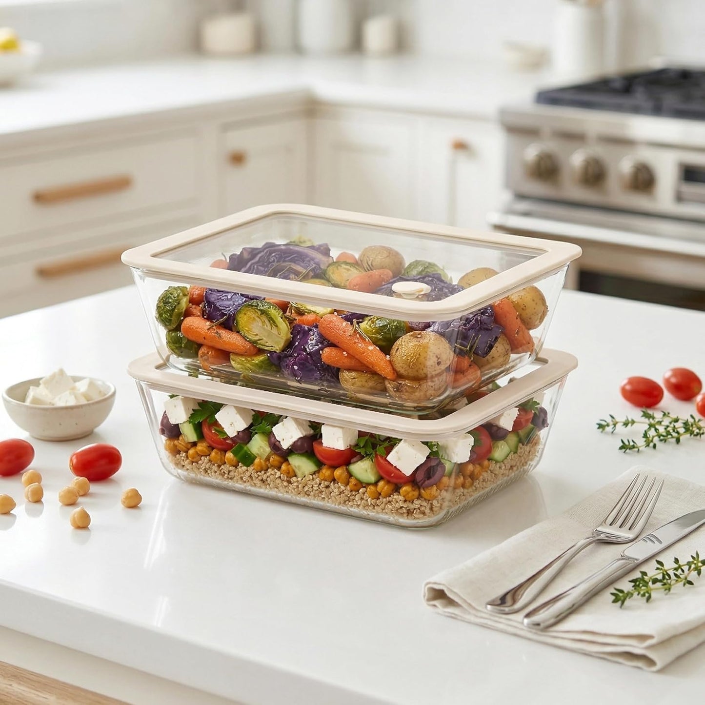 Urban Green Glass Food Container Set with Glass Lid, 4 Pack, Food Storage Containers Set, Airtight, LeakProof, 100% Plastic Free, Meal Prep Containers (White Color)