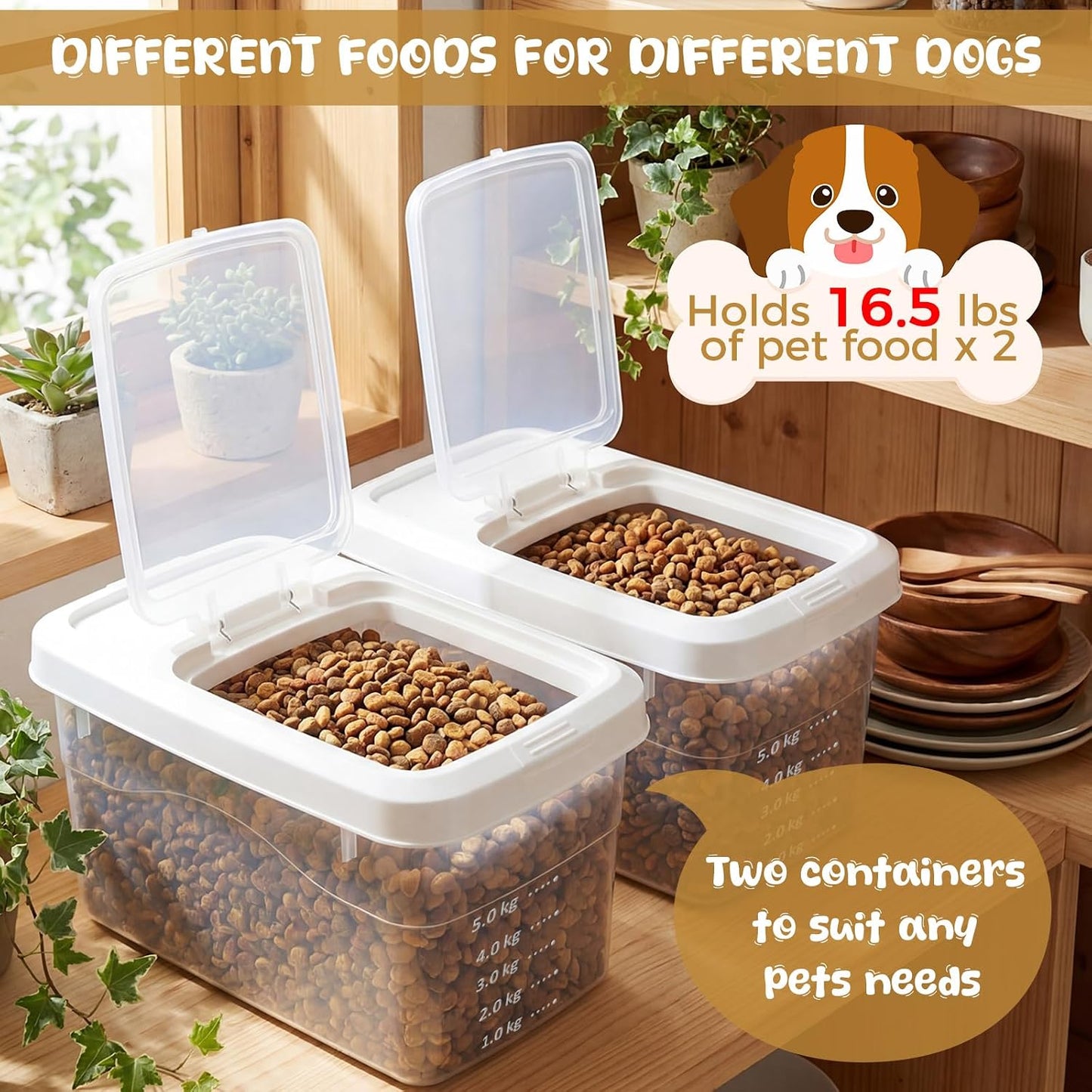 2 Pack Airtight Dog Food Storage Container, 27.6 Lbs Clear Pet Food Storage Bin with 2 Measuring Scoops for Pet Dog Cat Grain Rice Treat