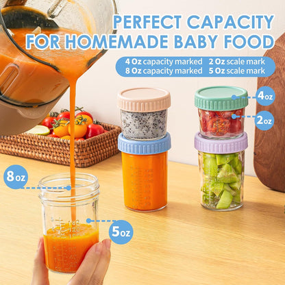 DRKIO 6 Pack Glass Baby Food Storage Containers - 4 Oz Baby Food Jars with Lids Baby Food Maker Microwave Dishwasher Freezer Safe 100% Leak Proof BPA Free Reusable