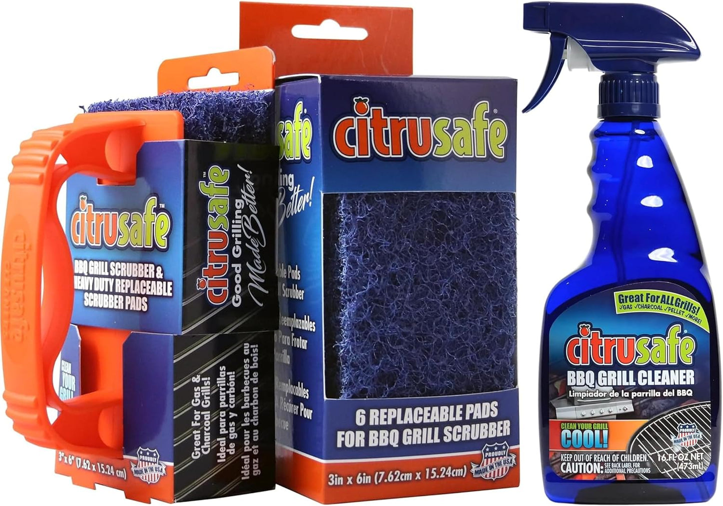 Citrusafe BBQ Grill Cleaner Spray & Grill Scrubber with 9 Heavy Duty Replaceable Pads