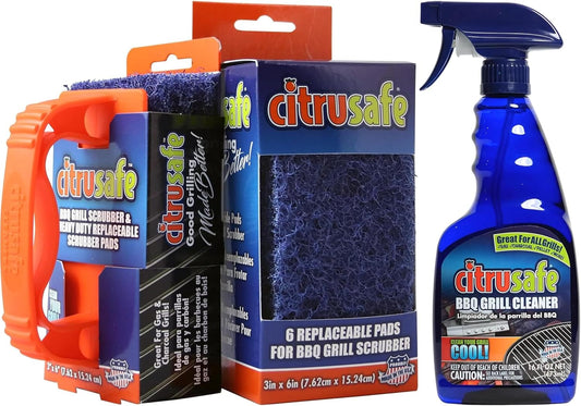 Citrusafe BBQ Grill Cleaner Spray & Grill Scrubber with 9 Heavy Duty Replaceable Pads