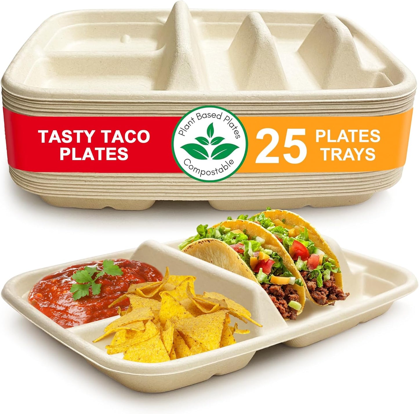 Disposable Taco Plates for 2 Tacos & 2 Sides – 25 PACK | Premium Paper Plates with Dividers, Fiesta Taco Holder, Taco Stand for Taco Tuesday & Taco Bar Serving Set Taco Plates (25 Plates) (Beige)