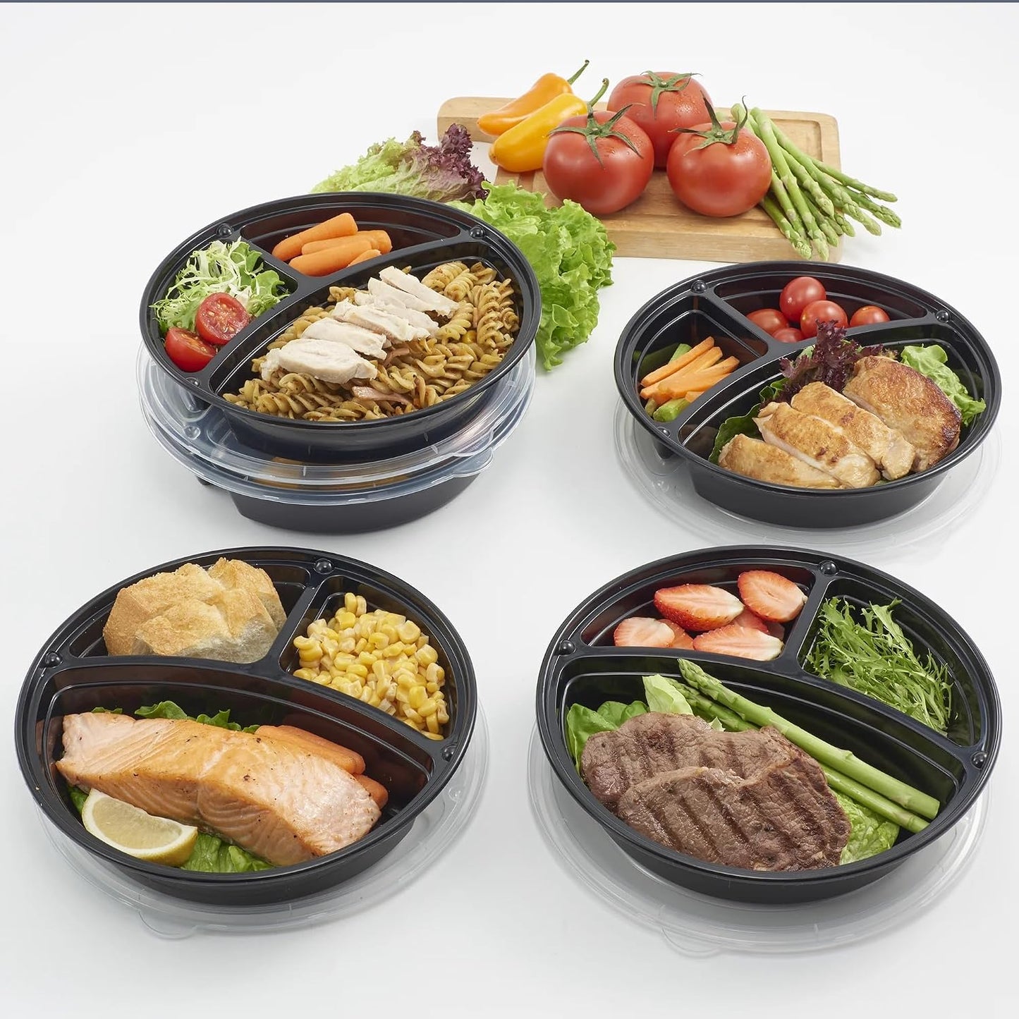 3-Compartment 1L Round Meal Prep Food Storage Container, 5 Pack - Airtight Leak-Proof, BPA-Free Microwave Safe, Stackable Reusable for Portion Control, Lunch & Leftover Storage