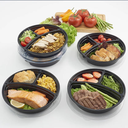 3-Compartment 1L Round Meal Prep Food Storage Container, 5 Pack - Airtight Leak-Proof, BPA-Free Microwave Safe, Stackable Reusable for Portion Control, Lunch & Leftover Storage