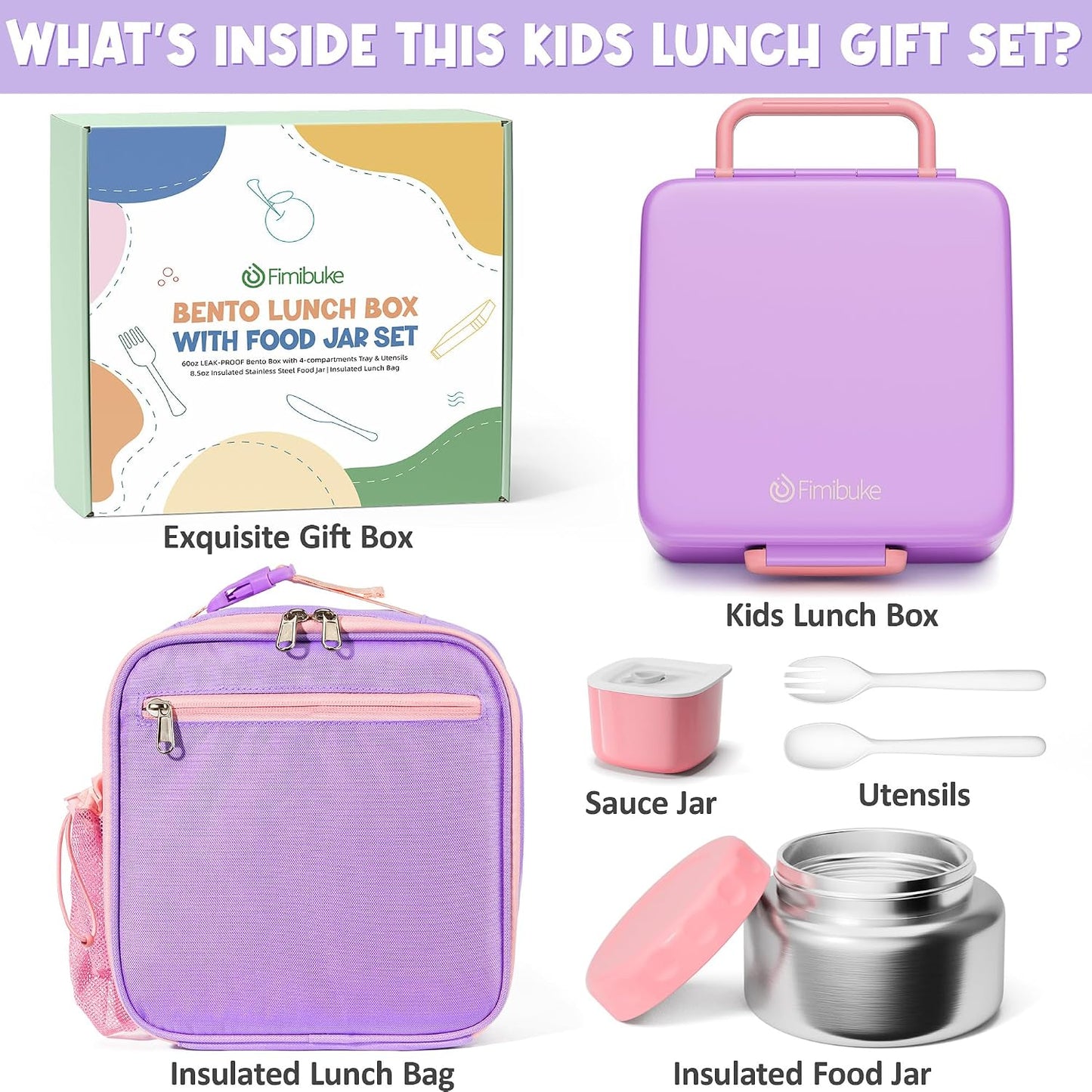 Fimibuke Bento lunch Box Set for Kids Adult with 8oz Insulated Food Jar, Lunch Bag & Sauce Cup, Leakproof Dishwasher Safe Toddler Lunch Food Container with 3-4 Compartment for School Girls Boys