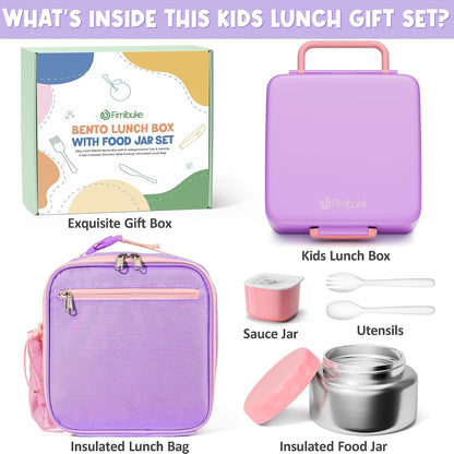 Fimibuke Bento lunch Box Set for Kids Adult with 8oz Insulated Food Jar, Lunch Bag & Sauce Cup, Leakproof Dishwasher Safe Toddler Lunch Food Container with 3-4 Compartment for School Girls Boys