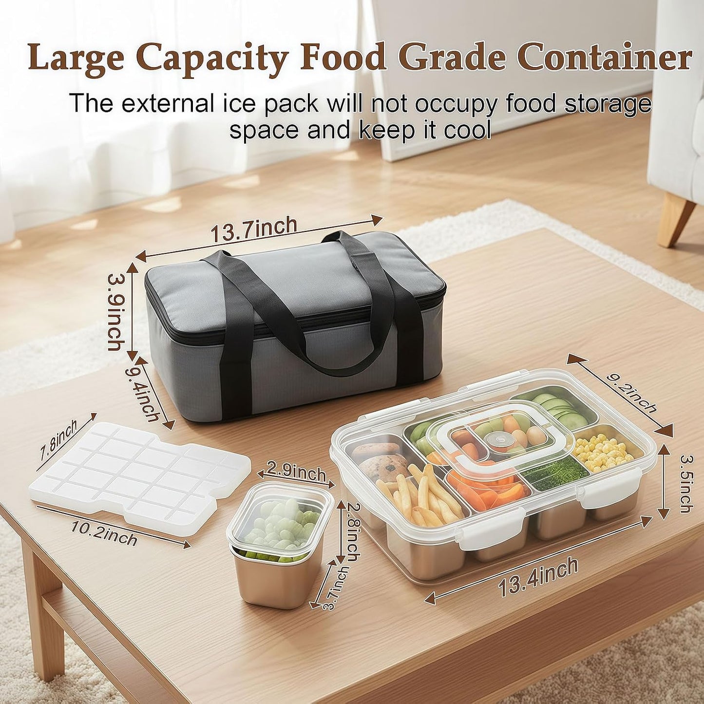 Snackle Box Container with Ice Pack Stainless Steel,Portable Snack Boxes with Lid and Insulated Bag,8 Compartment Snackle Storage Divided Serving Tray Beach Road Trip Picnic for Fruit Charcuterie