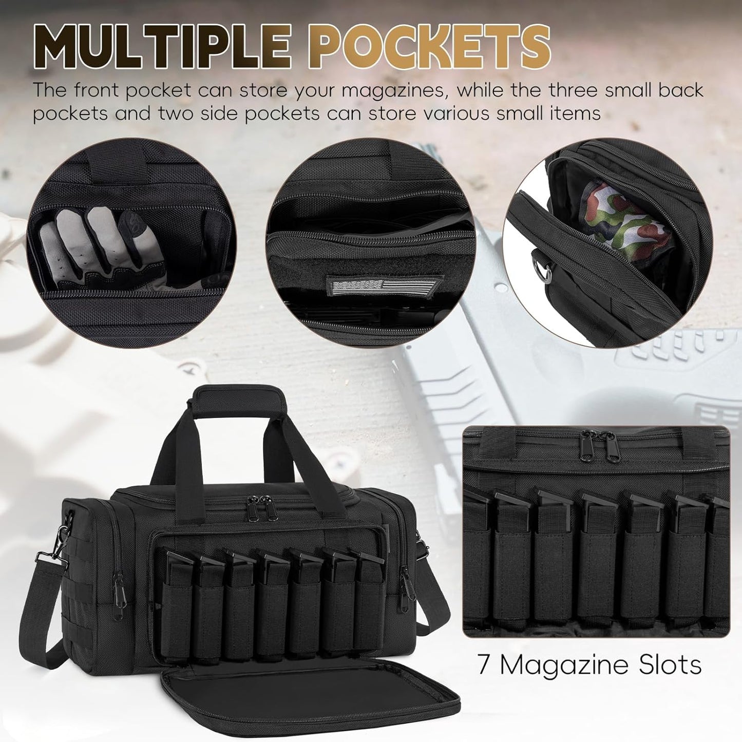 Tactical Pistol Range Bag, Gun Range Bag for Handguns, Shooting Duffle Range Pistol Bag with 6X Magazine Slots, Extra Pockets for Ammo and Essentials