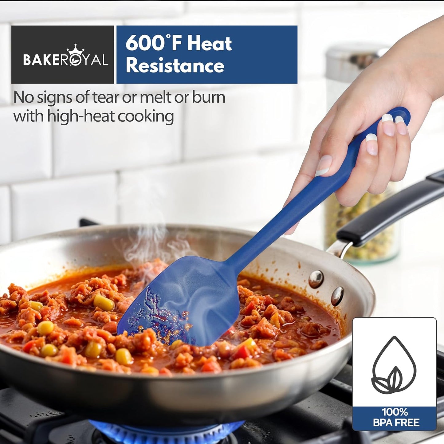 BakeRoyal Silicone Spatula Set - 4-Piece Rubber Spatulas Silicone Heat Resistant 600°F for Everyday Task - Seamless Design Kitchen Spatulas for Nonstick Cookware - Royal Blue