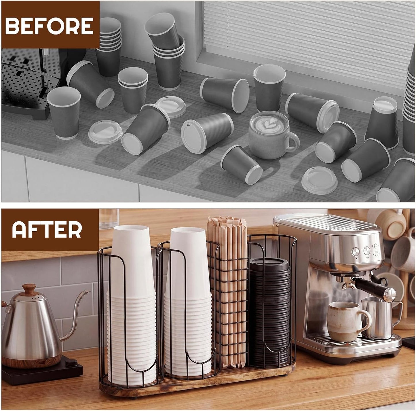 Geelin 18oz Adjustable Coffee Cup Dispenser with Wooden Base, Cup and Lid Holder, Cups Holder Organizer for Coffee Pod Straw and Lid Storage(2-compartment Single,Color 2)