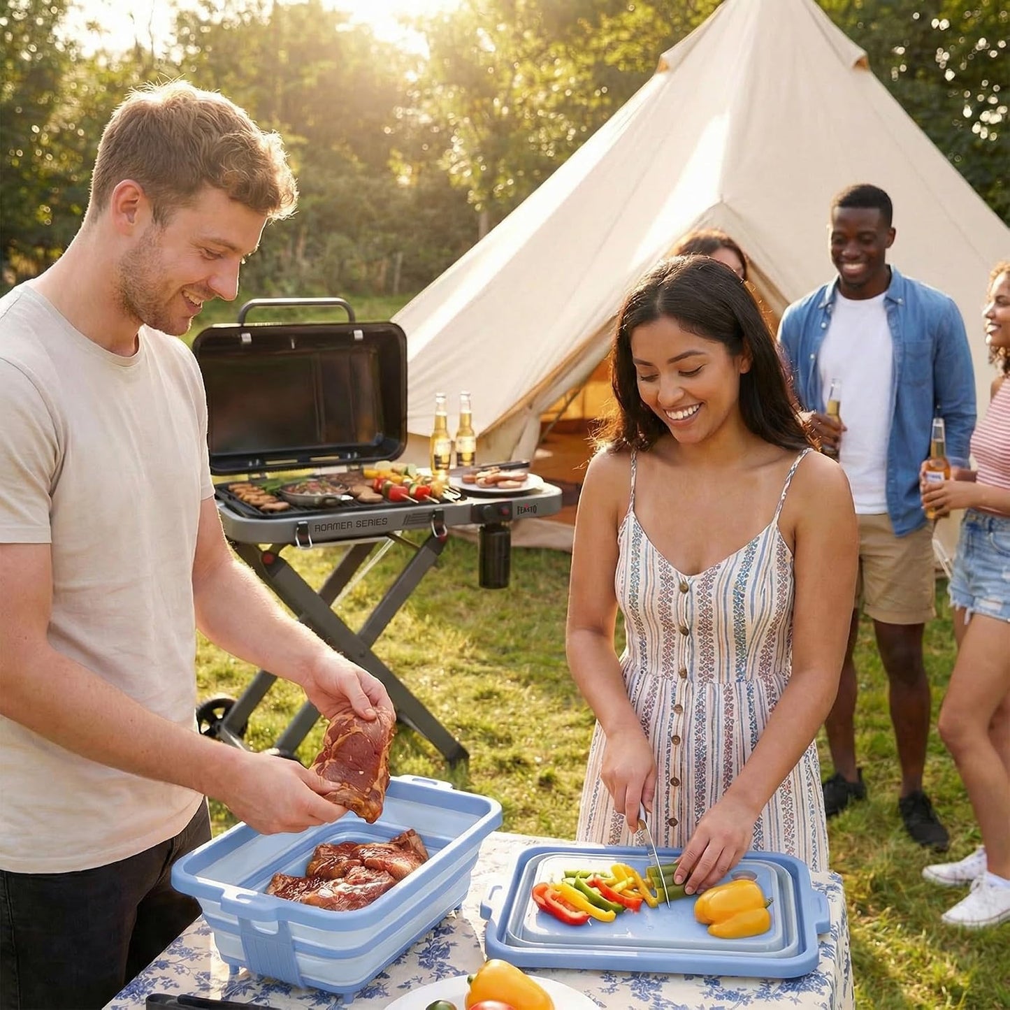 Feasto Collapsible BBQ Prep Tubs with Cutting Board, 9-IN-1, 2 Tubs Portable Grill Prep Station with Side Brackets, Lids, Knives, Meat Claws and Drain Rack, Space-Saving for Kitchen & Camping, Black