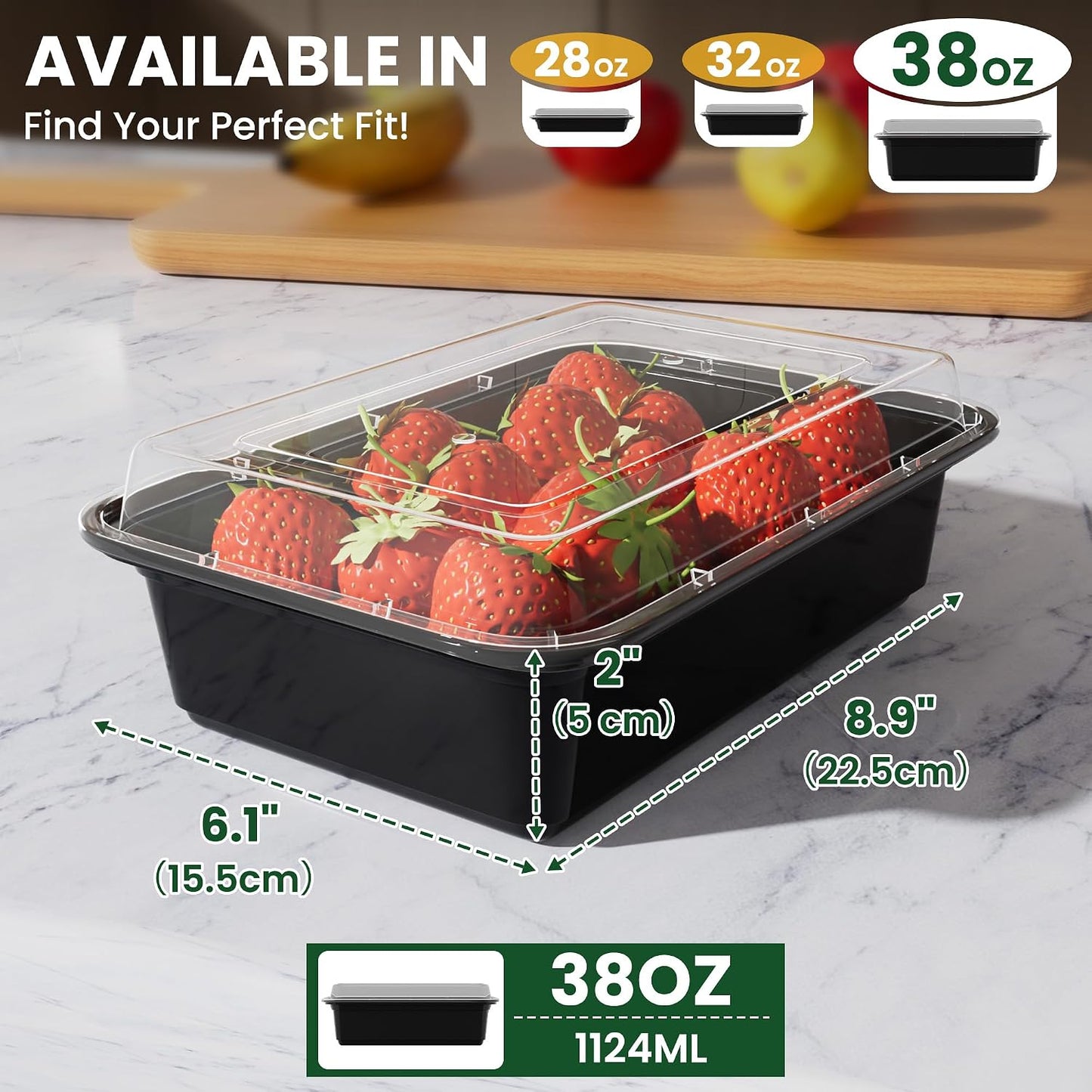 38oz Meal Prep Containers [50-Pack], Reusable Bento Box with Easy-Snap Leakproof Lids - Microwave, Dishwasher & Freezer Safe Food Storage, BPA-Free Plastic Lunch Containers (Black)