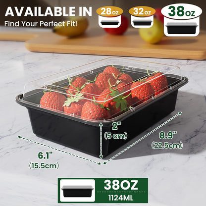 38oz Meal Prep Containers [50-Pack], Reusable Bento Box with Easy-Snap Leakproof Lids - Microwave, Dishwasher & Freezer Safe Food Storage, BPA-Free Plastic Lunch Containers (Black)