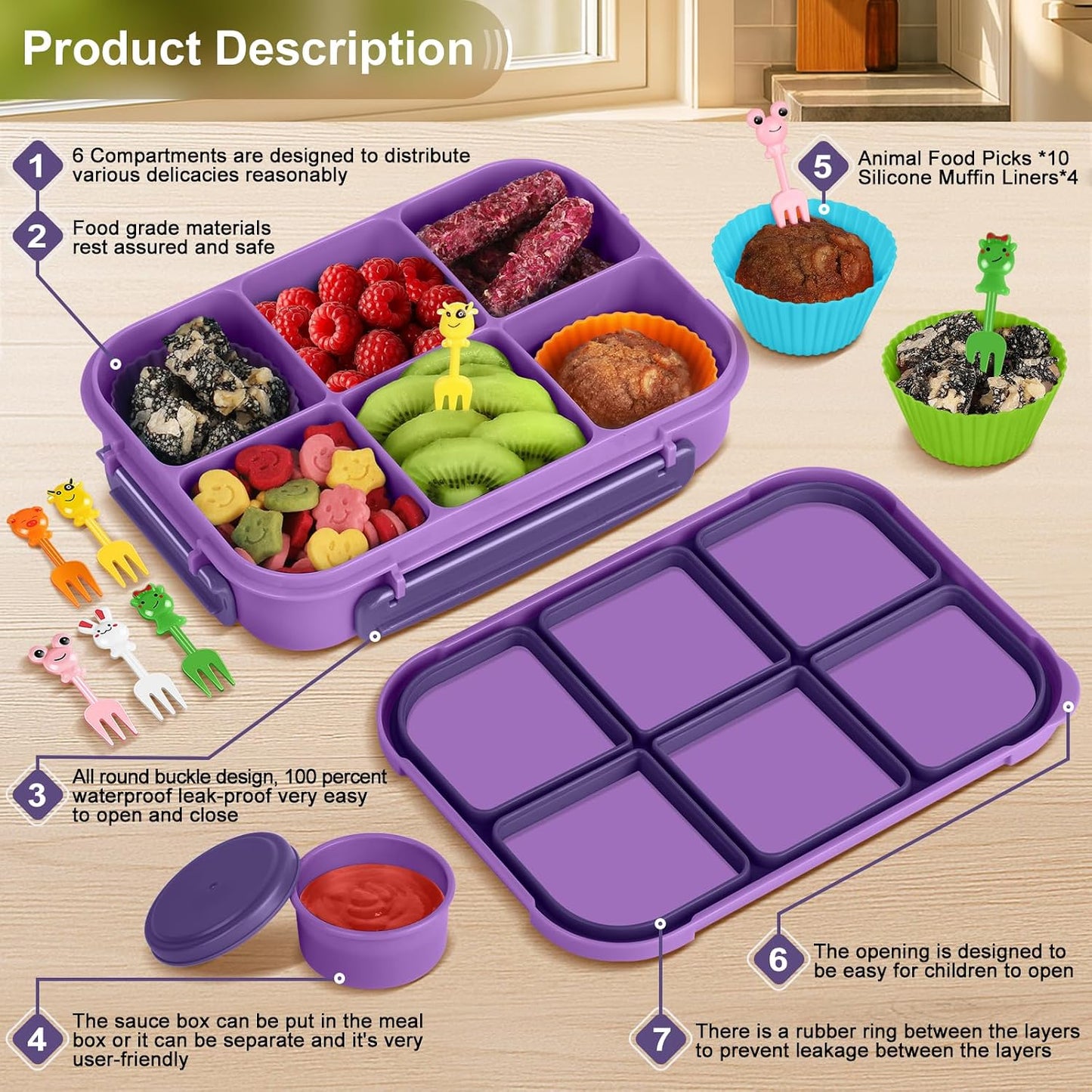 Amathley Lunch Box Kids Girls Boys,Bento Box Adult,Toddler Lunch Containers for School,Leakproof Snack Containers with 6 Compartments,Sauce Container,10 Food Picks and 4 Muffin Cups (Green)