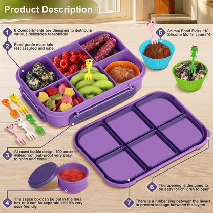 Amathley Lunch Box Kids Girls Boys,Bento Box Adult,Toddler Lunch Containers for School,Leakproof Snack Containers with 6 Compartments,Sauce Container,10 Food Picks and 4 Muffin Cups (Green)