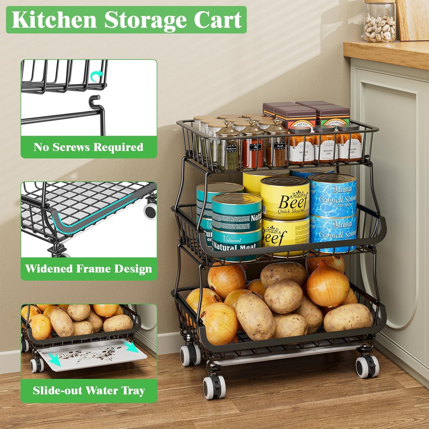 3 Tire Rolling Pantry Organizers and Storage Cart on Wheels | Metal Frame, Under Pantry Cabinet, Drip Tray, Storage for Snack, Potato, Onion, Produce, Can, Drink, Fruit and Vegetable