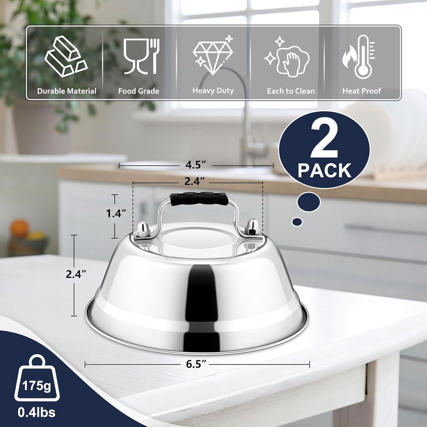 HaSteeL 6.5In Cheese Melting Dome, Stainless Steel Small Round Basting Steaming Cover, Heavy Duty Griddle Grill Accessories for Kitchen Cooking Flat Top BBQ Indoor & Outdoor, Dishwasher Safe - 4 Packs