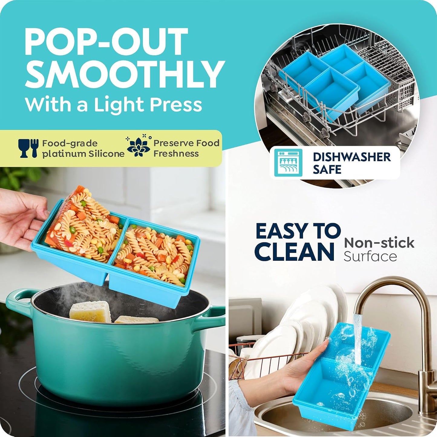 2 cup Silicone Freezer Trays with Lids, Silicone Soup Freezer Molds, Easily prepare portioned meals, Great for storing soups, lasagna, leftovers, sauces and other dishes, Dishwasher, Oven Safe