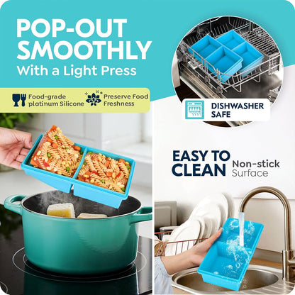 2 cup Silicone Freezer Trays with Lids, Silicone Soup Freezer Molds, Easily prepare portioned meals, Great for storing soups, lasagna, leftovers, sauces and other dishes, Dishwasher, Oven Safe
