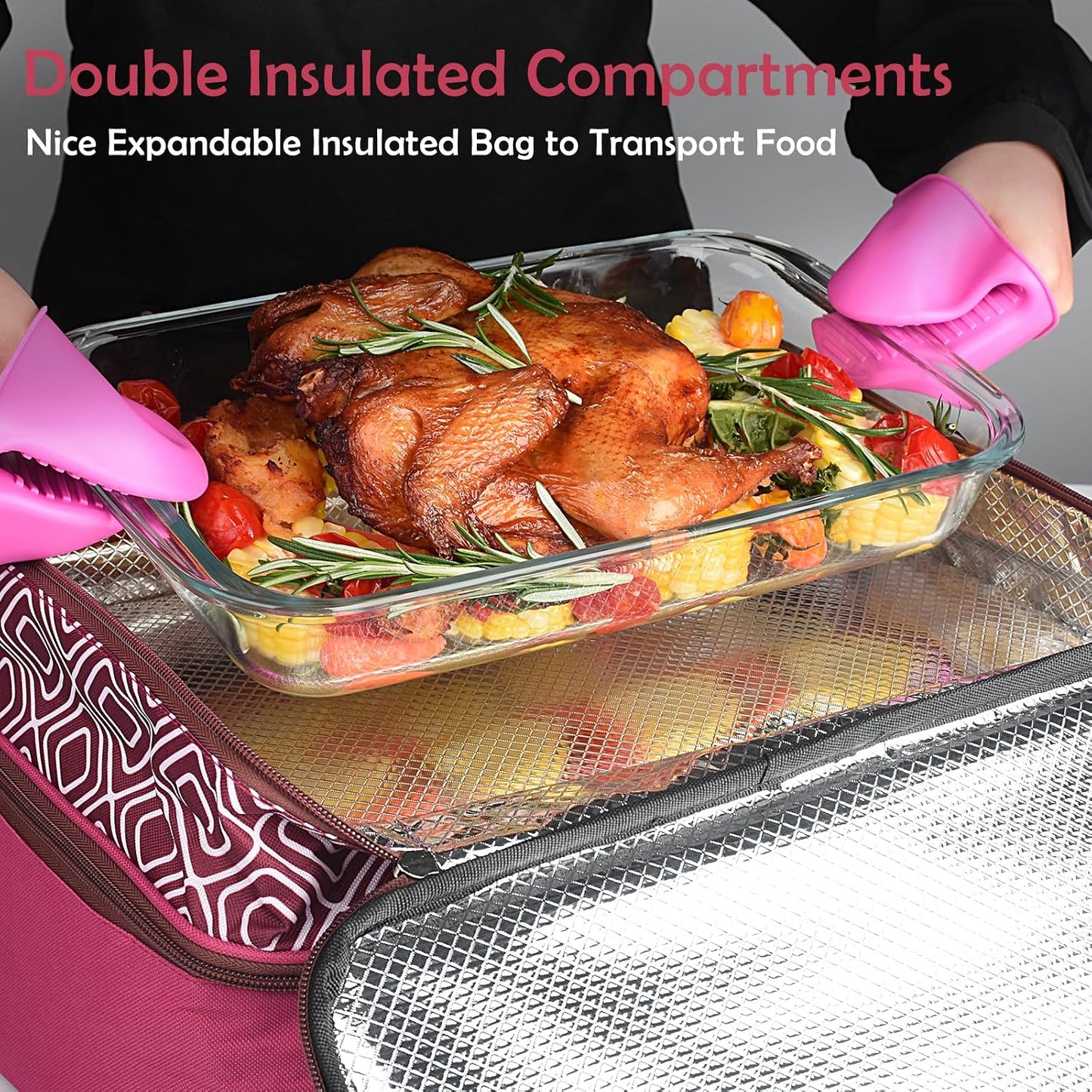 CaCTOUR Casserole Carrier for Hot or Cold Food, Expandable Double Decker Food Carrier with Silicone Hand Protectors - Fits 9“x13” Baking Dish-Lasagna Holder Tote for Parties Potluck Picnic (Gray)