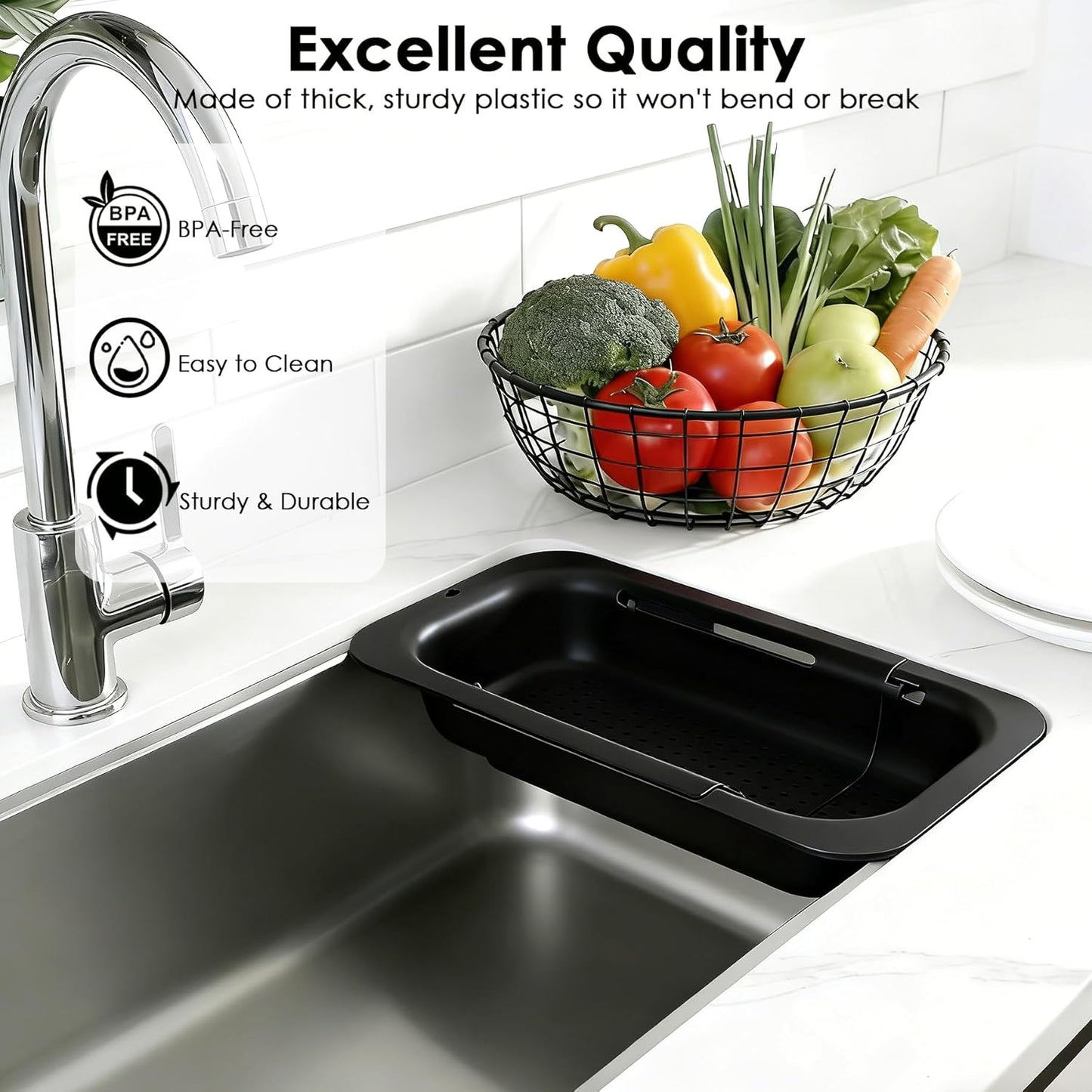 Extendable Colander Strainer Basket, Over the Sink Colander and Strainer for Kitchen, Wash Vegetables and Fruits, Drain Pasta and Dry Dishes, Adjustable Colander from 13.5In to 18.7In, Black