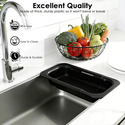 Extendable Colander Strainer Basket, Over the Sink Colander and Strainer for Kitchen, Wash Vegetables and Fruits, Drain Pasta and Dry Dishes, Adjustable Colander from 13.5In to 18.7In, Black