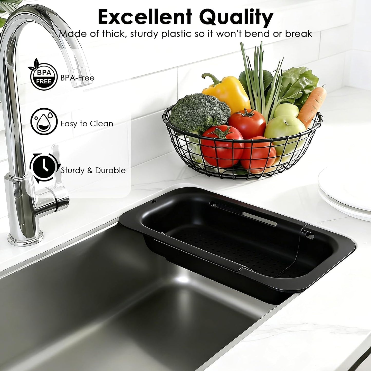 Extendable Colander Strainer Basket, Over the Sink Colander and Strainer for Kitchen, Wash Vegetables and Fruits, Drain Pasta and Dry Dishes, Adjustable Colander from 13.5In to 18.7In, Gray