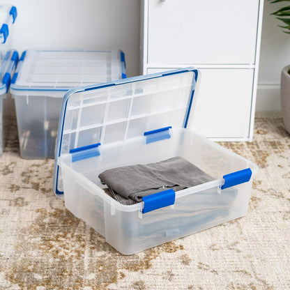 IRIS USA WeatherPro 16 Qt Storage Bins with Lids, 3 Pack, BPA-Free Plastic Gasket Box with Tight Latch and Seal, Stackable Nestable Tote Tub - Clear/Blue