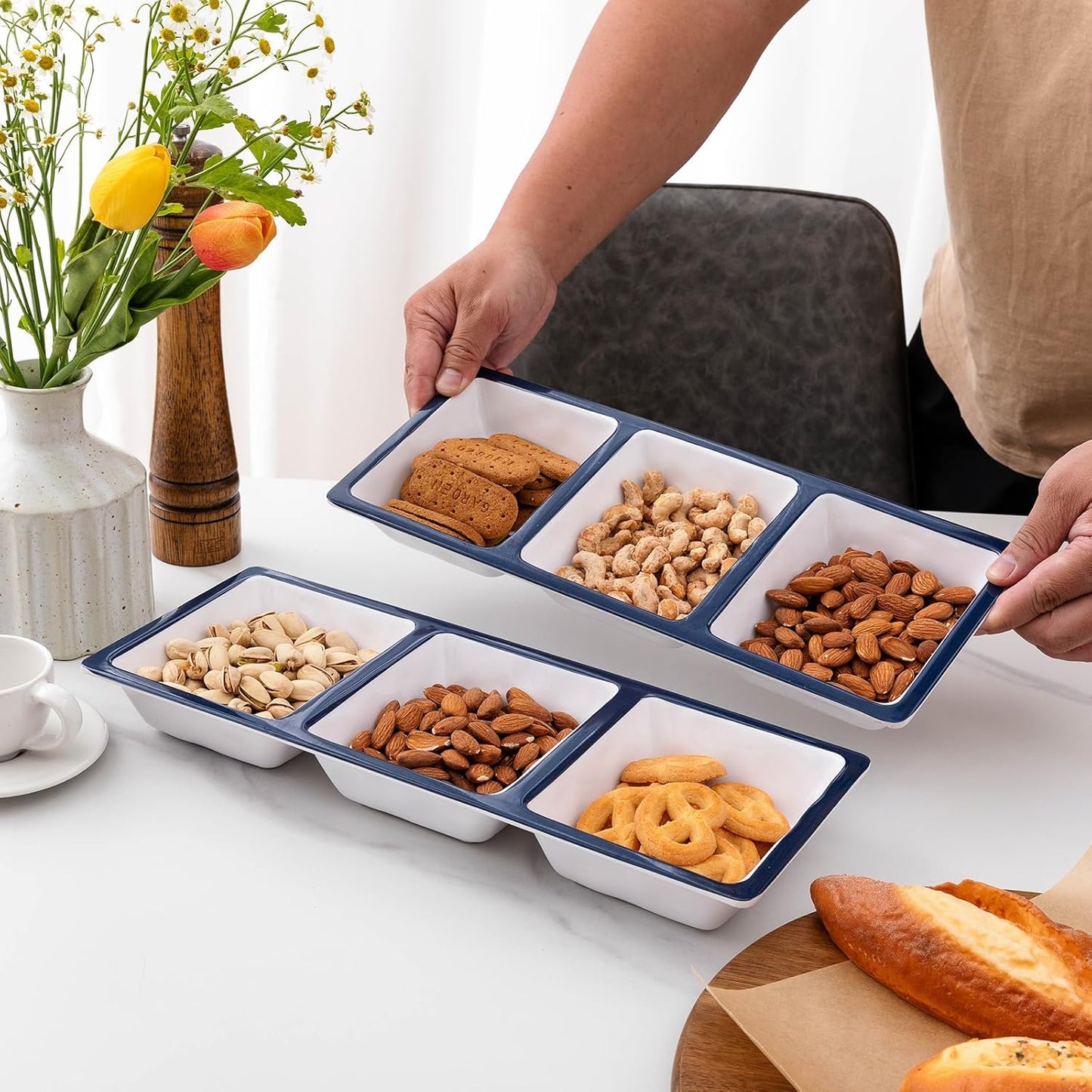 Chip & Dip Serving Tray Set, 4 Sectional Round Melamine Serving Platter, Relish Tray, Round Compartment Appetizer platter for Veggies, Candy and Snacks, Matte Black, Set of 2