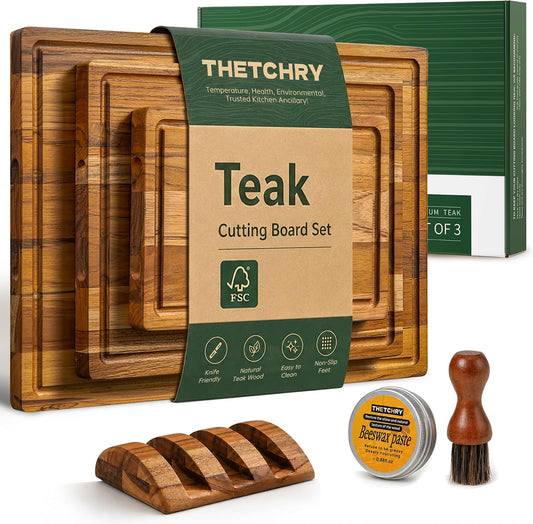 THETCHRY Teak Wood Cutting Board Set of 3 Wooden Cutting Boards for Kitchen | Premium Teak Wood • FSC Certified • Deep Juice Groove • Built-In Handles • Non-Slip Feet • 3 Practical Sizes • Gift-Ready Box