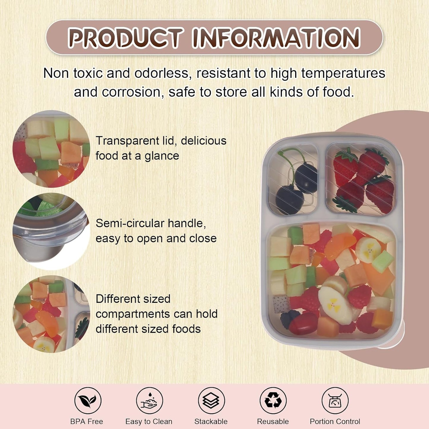 Honeydak 5 Pack Snack Containers 3 Compartment Bento Snack Boxes Divided Meal Prep Containers with Lids Reusable Adults Lunch Food Storage Box for School Work Travel(Elderberry)