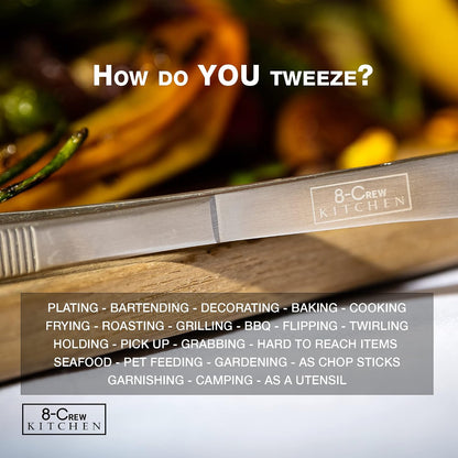 8-CREW KITCHEN Cooking Tweezers - 12 inch 304 Stainless Steel Set of 2 - Culinary Chef Tweezers for Multi-Purpose, Plating, Food Decorating & Bar