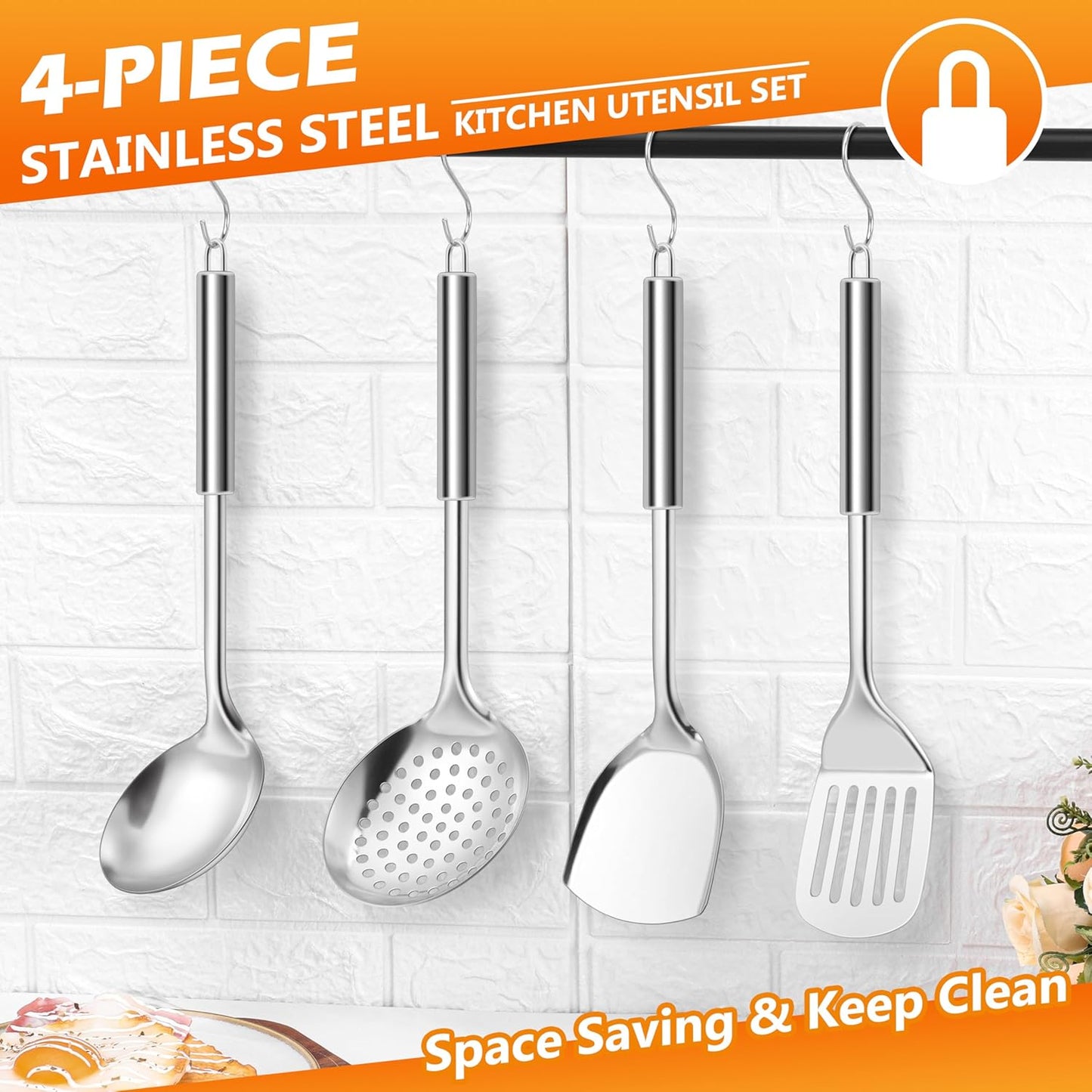 E-far Cooking Utensils Set, 10-Piece Stainless Steel Kitchen Utensils with Holder, Metal Heat Resistant Kitchen Cookware Tool Spatula Set for Cooking, Easy Clean & Dishwasher Safe