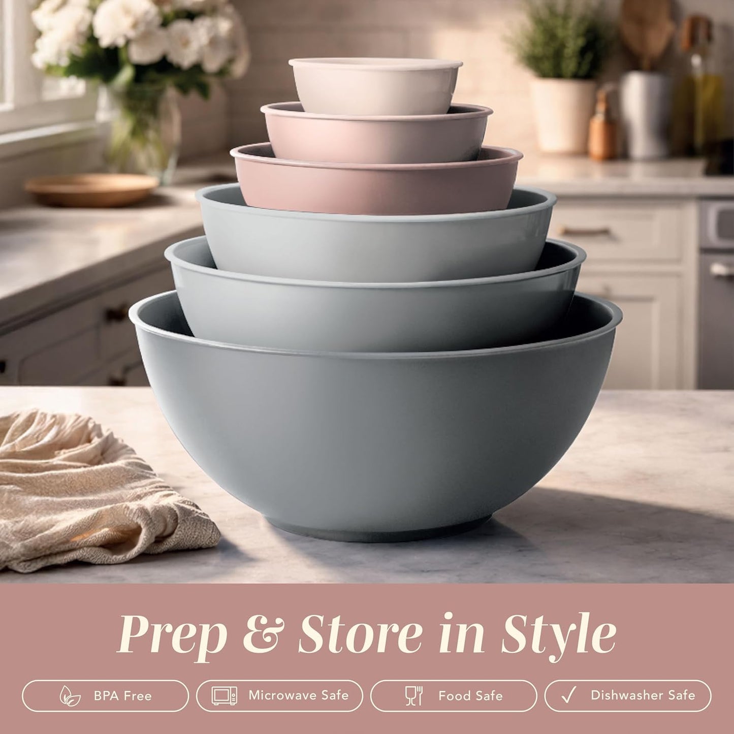 COOK WITH COLOR Mixing Bowls with Lids - 12 Piece Plastic Nesting Bowls Set includes 6 Prep Bowls and 6 Lids, Microwave Safe Mixing Bowl Set, Pink Embossed - Colors B