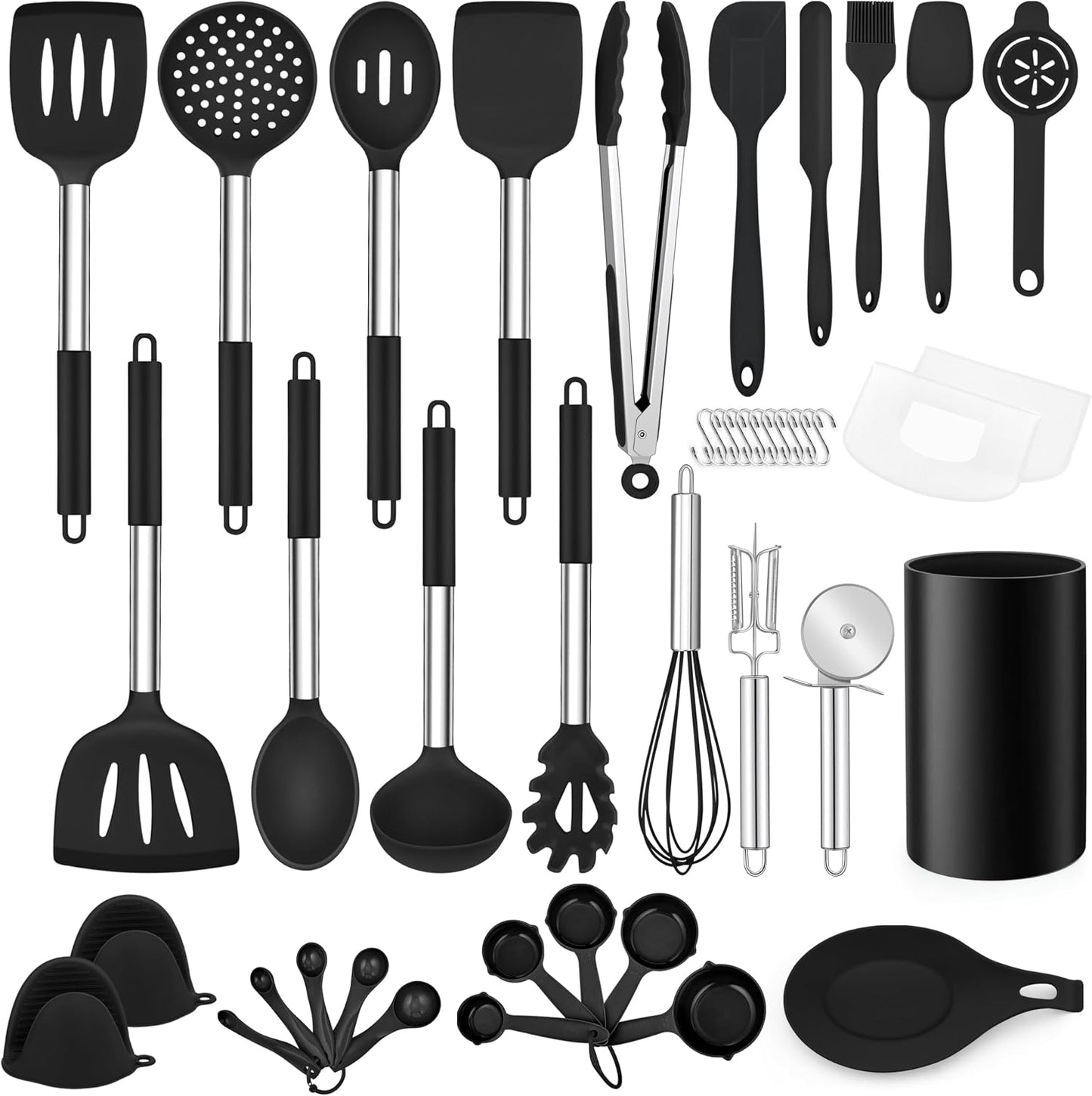 LIANYU 43 Pcs Silicone Kitchen Cooking Utensils with Holder, Heat Resistant Spatula Set with Stainless Steel Handle, Kitchen Cooking Gadgets Tools for Nonstick Cookware Set, Blue