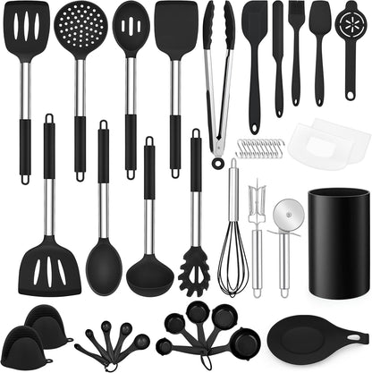 LIANYU 43 Pcs Silicone Kitchen Cooking Utensils with Holder, Heat Resistant Spatula Set with Stainless Steel Handle, Kitchen Cooking Gadgets Tools for Nonstick Cookware Set, Blue