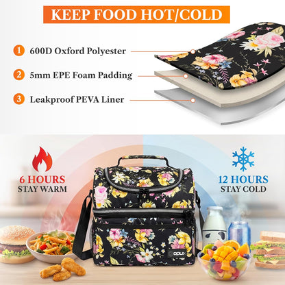 opux Insulated Lunch Bag for Men Women, Double Decker Leakproof Lunch Box Cooler Tote with Shoulder Strap, Large Lunchbox for Work School Travel Meal Prep, Adults Kids Boys Girls, Green, 16 Cans