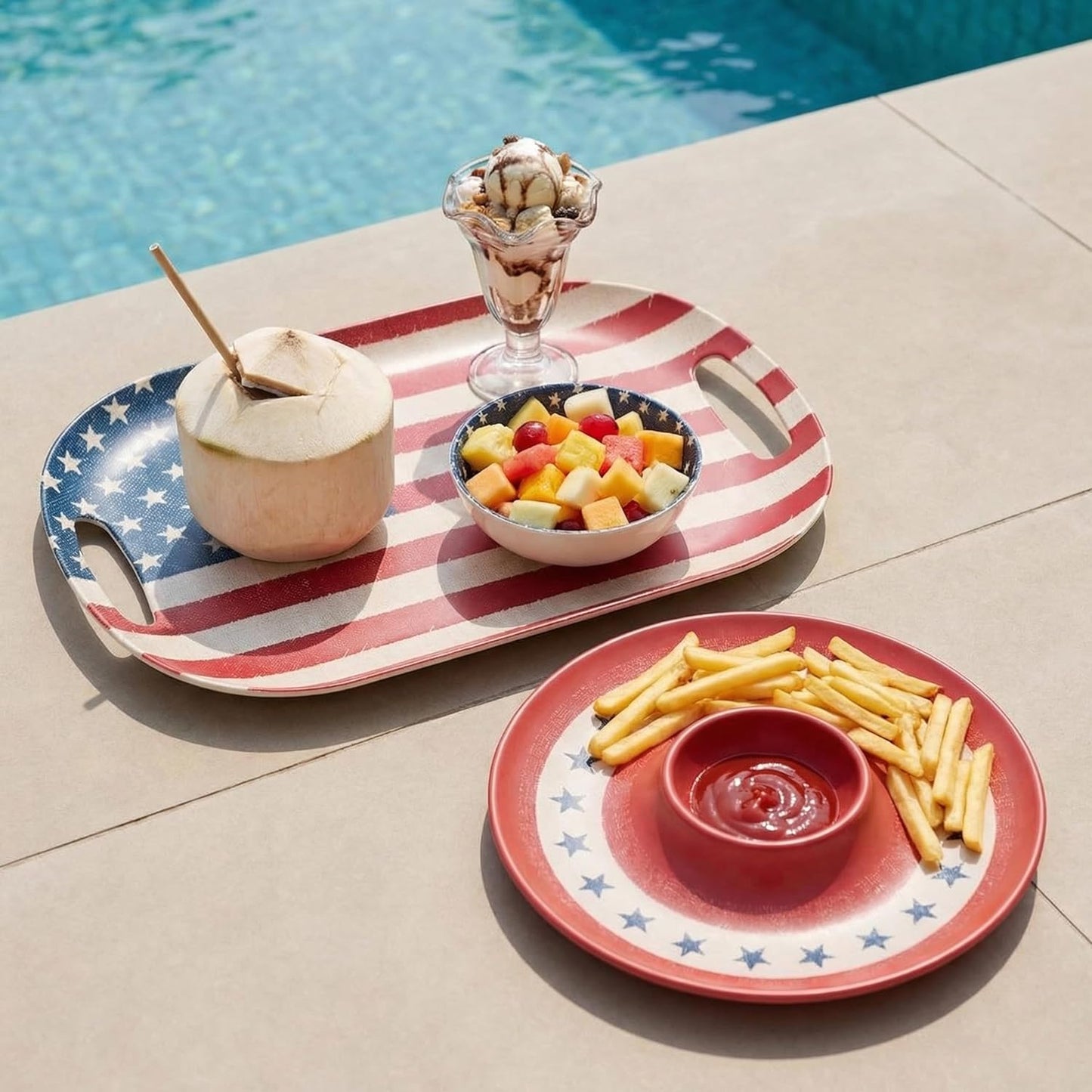 Kingen American flag Patriotic theme party supplies, 18'' Rectangle and 13'' Round Set of 2 Extra-Large Bamboo Serving Trays, Independence Day, Reusable and Dishwasher Safe