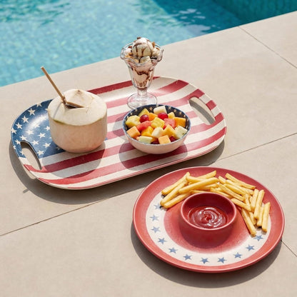 Kingen American flag Patriotic theme party supplies, 18'' Rectangle and 13'' Round Set of 2 Extra-Large Bamboo Serving Trays, Independence Day, Reusable and Dishwasher Safe
