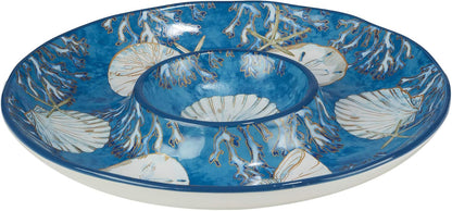 Playa Shells Coastal Ceramic Chip & Dip Platter – 13.5" Ocean-Themed Party Server for Chips, Veggies, Fruit, Crackers, and Appetizers