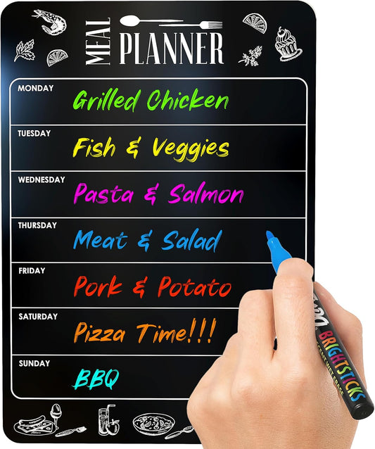 Weekly Dinner Menu Board for Kitchen A4-8.5x12 Black Magnetic Weekly Meal Planner for Fridge Dry Erase Weekly Menu Boards Magnetic Menu for Refrigerator Food Menu Boards Week Chalkboard Menu Board
