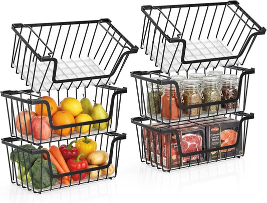 SUNALLY Stackable Storage Bins 4 Pcs Wire Baskets for Pantry Organizers and Storage, Vegetable Fruit Storage Basket for Countertop Organizer,Kitchen Baskets for Onion Potato Snack Cans Storage,White