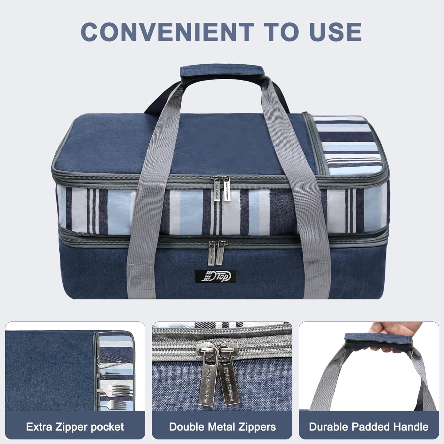 Double Decker Insulated Casserole Carrier, Expandable Thermal Food Warmer Bag Fits 9x13 Dish, Leak-Proof Potluck Lasagna Holder with Utensil Pocket for Picnic Party Cookout (Blue)